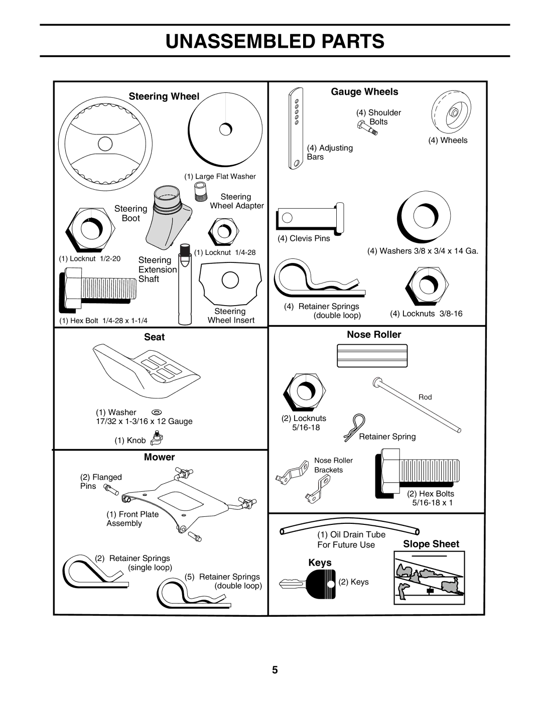 Jonsered LT2119A manual Unassembled Parts, Steering Wheel Gauge Wheels 