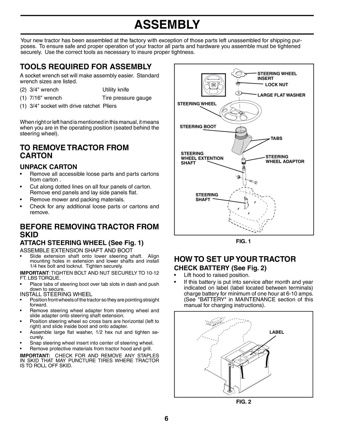 Jonsered LT2119A manual Tools Required for Assembly, To Remove Tractor from Carton, Before Removing Tractor from Skid 