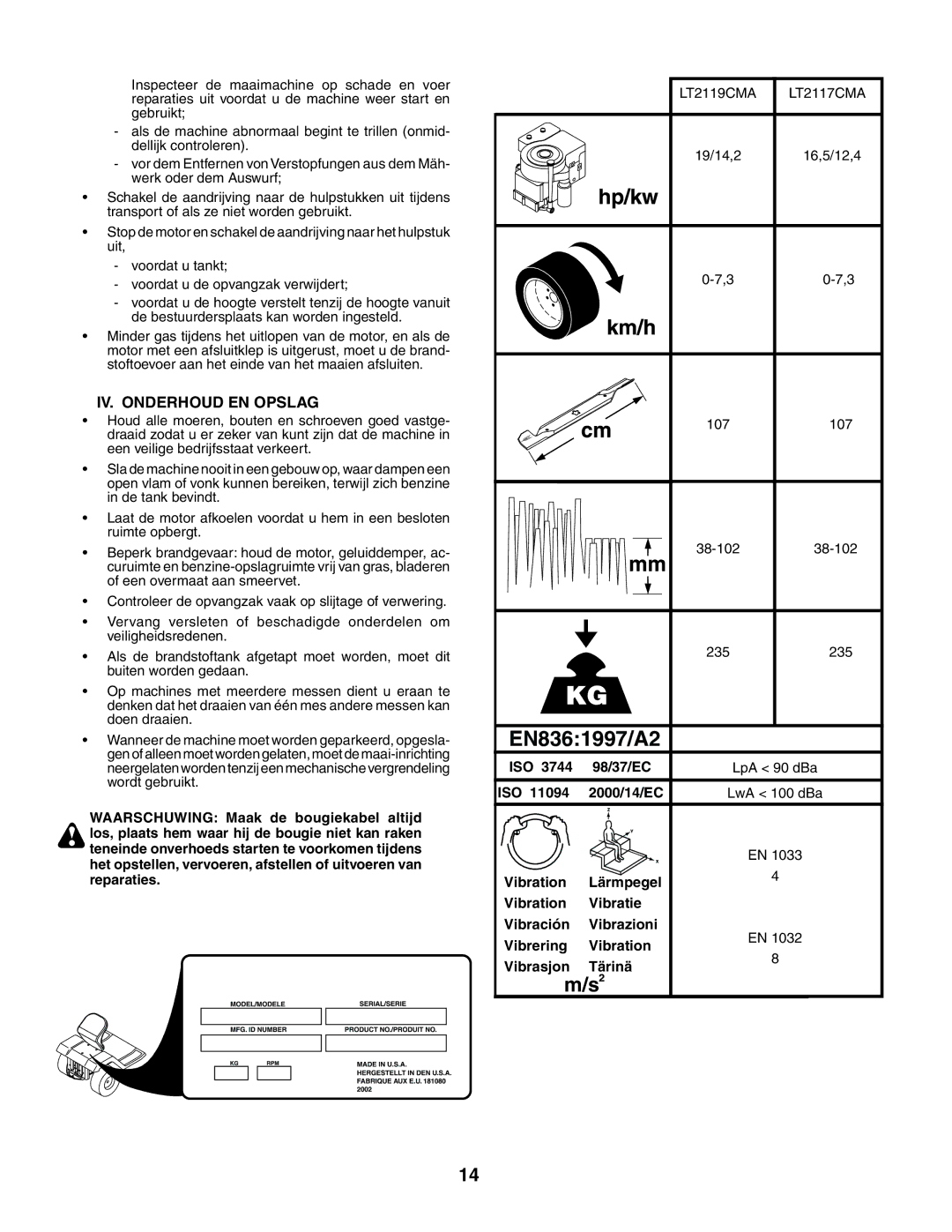 Jonsered LT2119CMA, LT2117CMA instruction manual IV. Onderhoud EN Opslag, 16,5/12,4, 107, 38-102, 235 