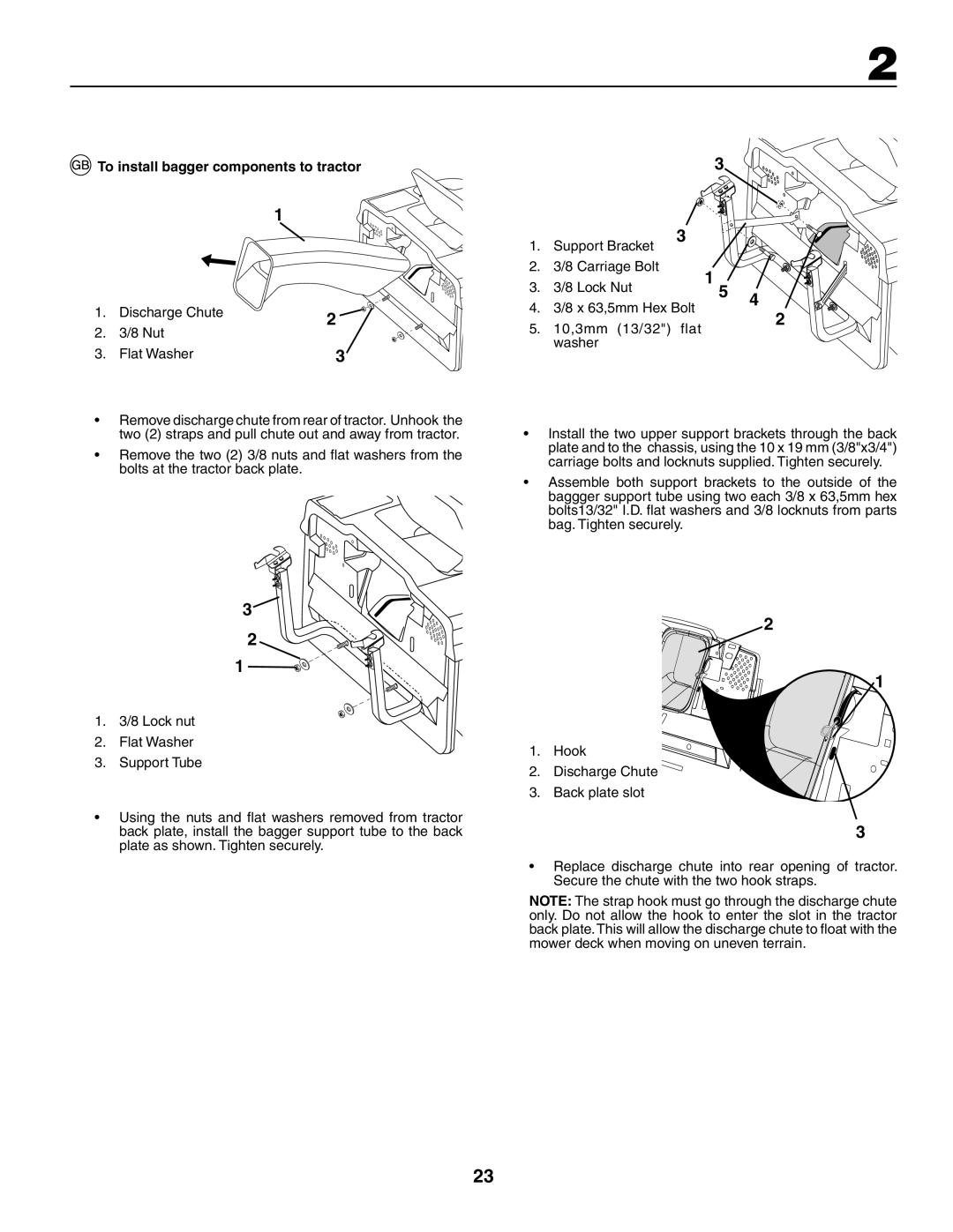 Jonsered LT2117CMA, LT2119CMA instruction manual To install bagger components to tractor, Discharge Chute Nut Flat Washer 