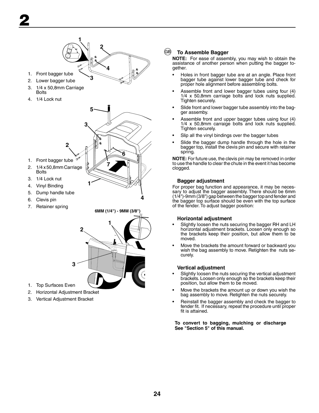 Jonsered LT2119CMA, LT2117CMA To Assemble Bagger, Bagger adjustment, Horizontal adjustment, Vertical adjustment 