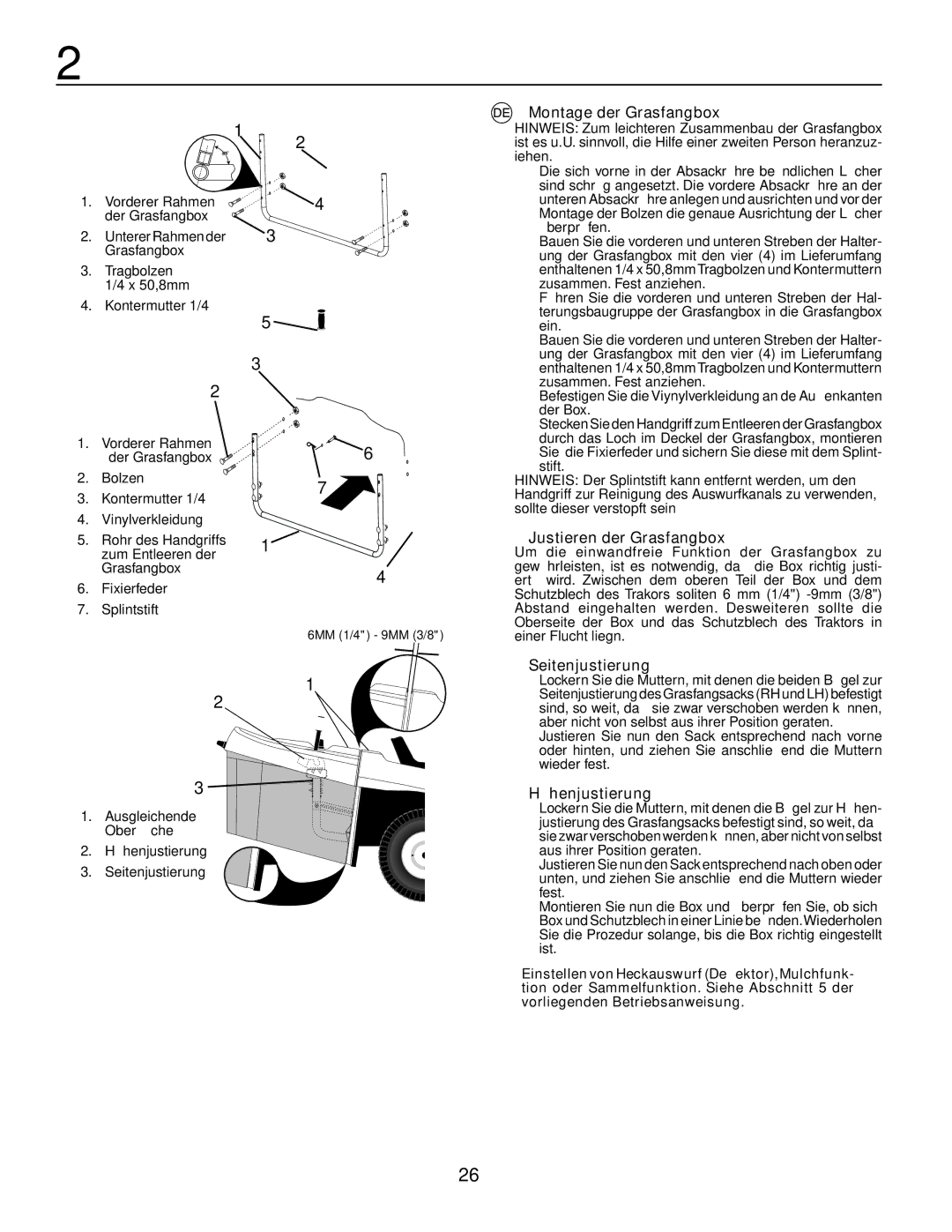 Jonsered LT2119CMA, LT2117CMA Montage der Grasfangbox, Justieren der Grasfangbox, Seitenjustierung, Höhenjustierung 