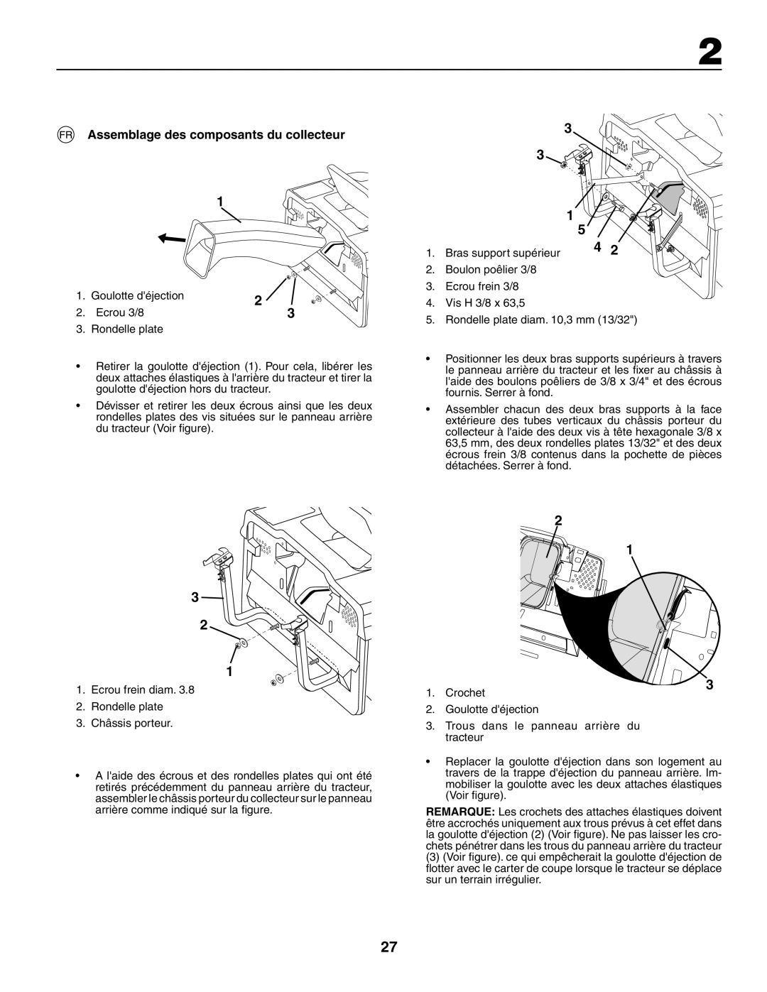 Jonsered LT2117CMA, LT2119CMA instruction manual Assemblage des composants du collecteur, Bras support supérieur 