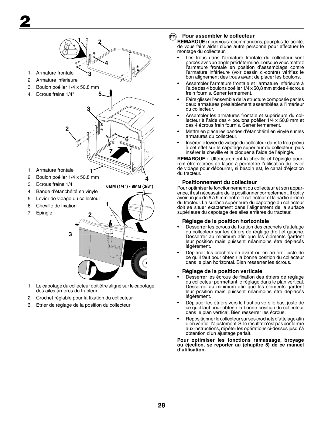 Jonsered LT2119CMA Pour assembler le collecteur, Positionnement du collecteur, Réglage de la position horizontale 