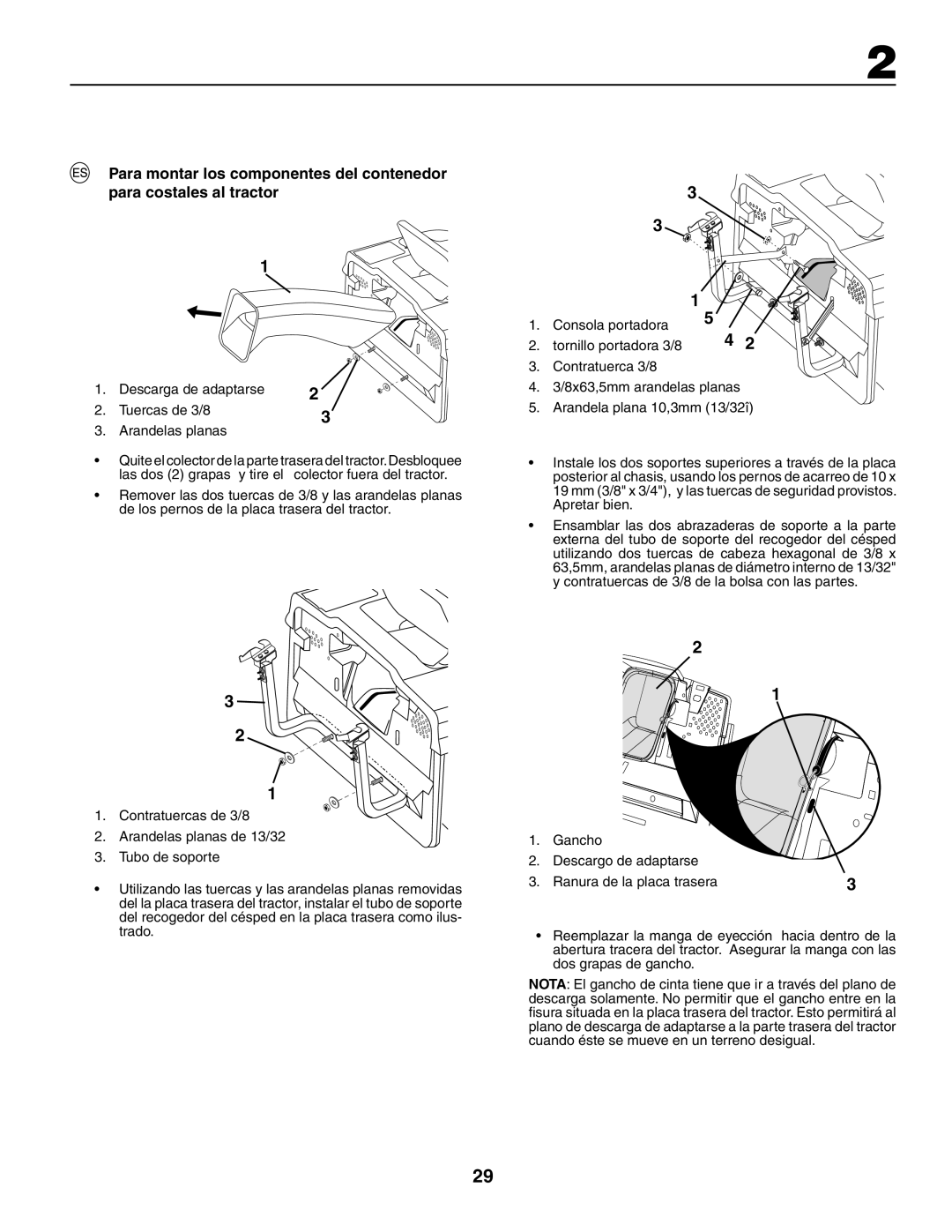 Jonsered LT2117CMA, LT2119CMA instruction manual Descarga de adaptarse Tuercas de 3/8 Arandelas planas 