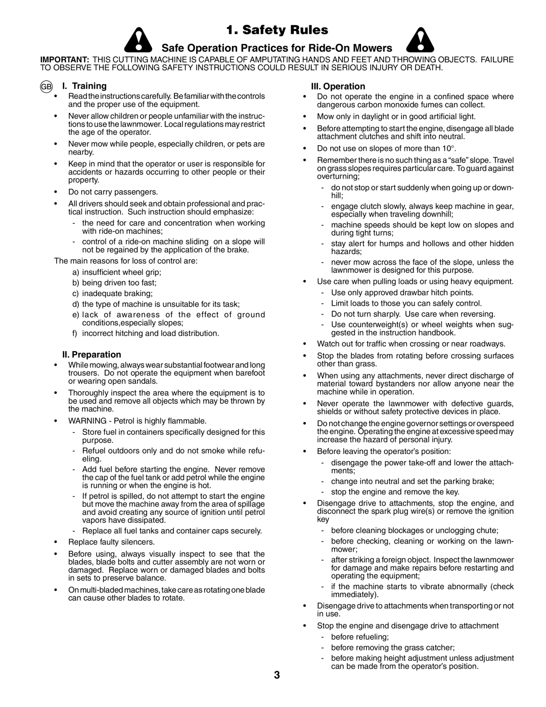 Jonsered LT2117CMA, LT2119CMA instruction manual Safety Rules, Training, II. Preparation, III. Operation 