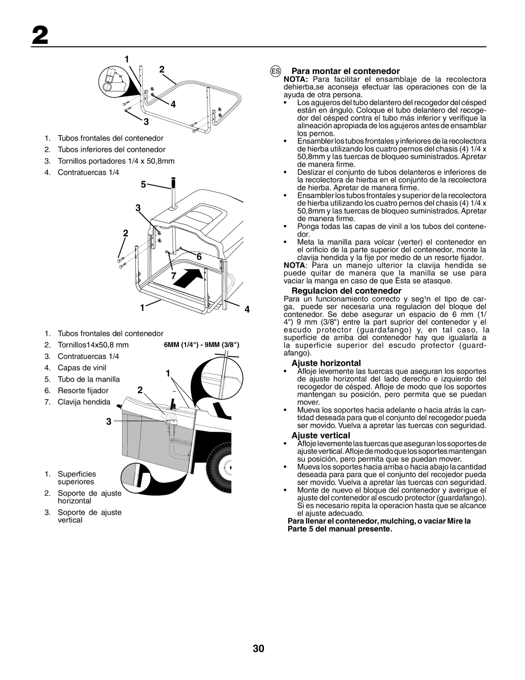 Jonsered LT2119CMA, LT2117CMA Para montar el contenedor, Regulacion del contenedor, Ajuste horizontal, Ajuste vertical 