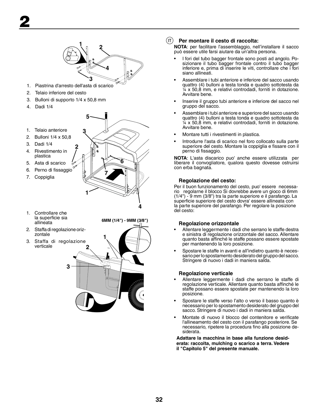 Jonsered LT2119CMA Per montare il cesto di raccolta, Regolazione del cesto, Regolazione orizzontale, Regolazione verticale 