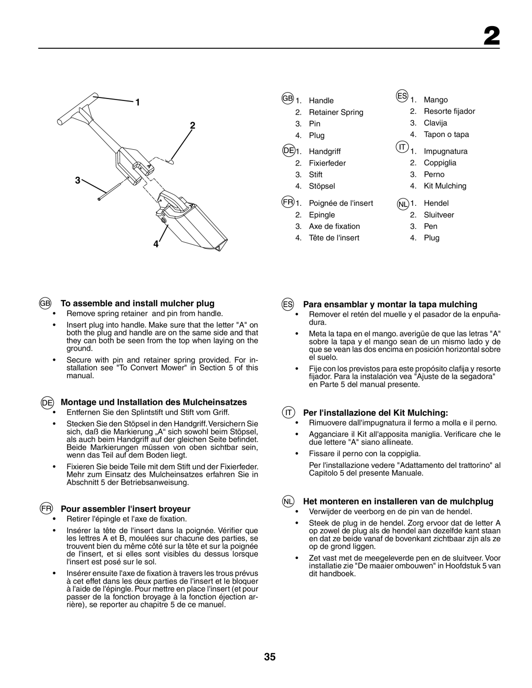 Jonsered LT2117CMA, LT2119CMA To assemble and install mulcher plug, Montage und Installation des Mulcheinsatzes 