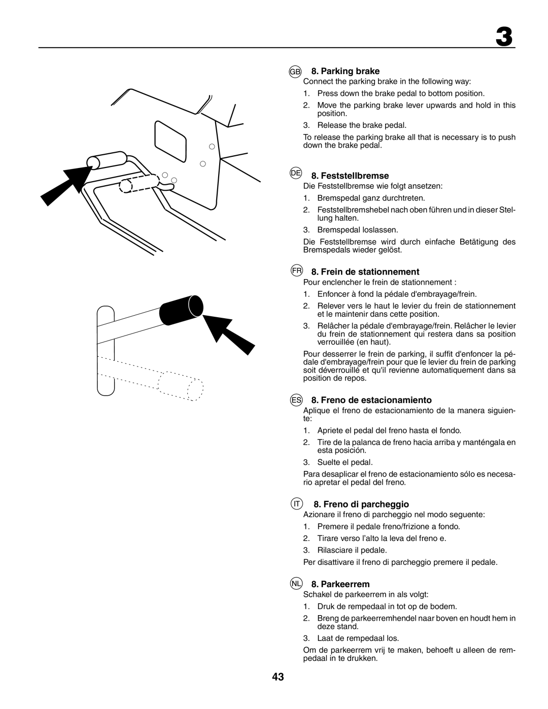 Jonsered LT2117CMA Parking brake, Feststellbremse, Frein de stationnement, Freno de estacionamiento, Freno di parcheggio 