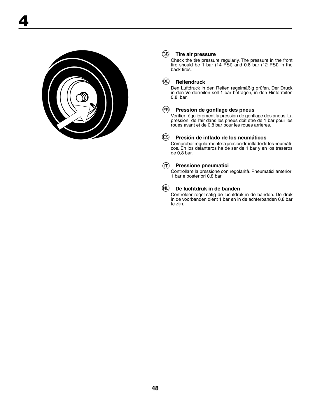 Jonsered LT2119CMA Tire air pressure, Reifendruck, Pression de gonﬂage des pneus, Presión de inﬂado de los neumáticos 