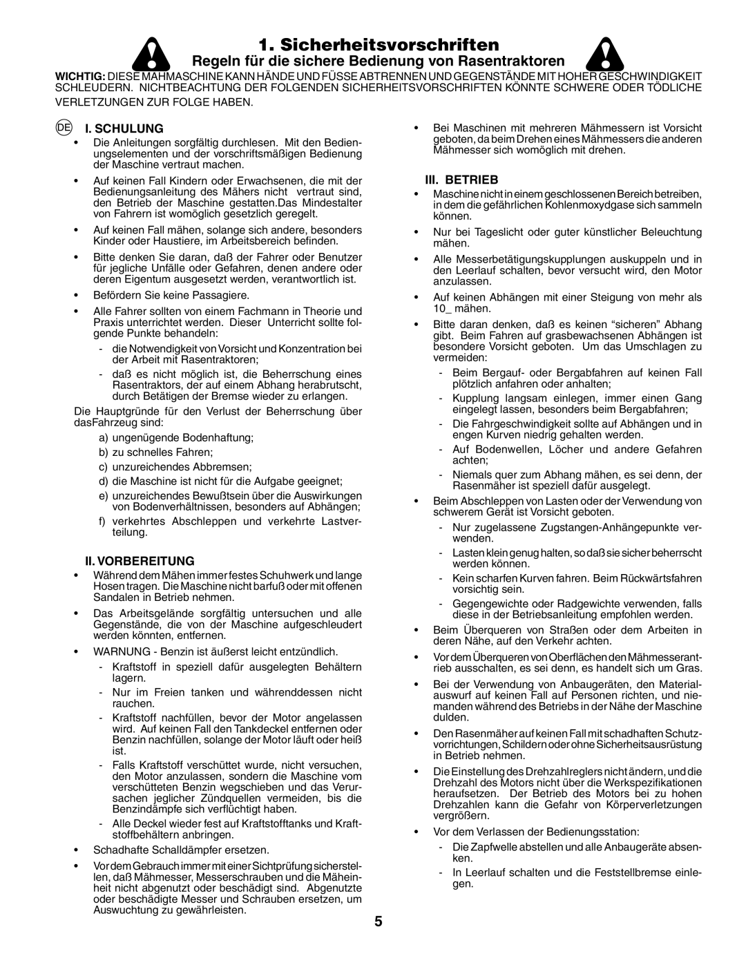 Jonsered LT2117CMA, LT2119CMA instruction manual Sicherheitsvorschriften, Schulung, II. Vorbereitung, III. Betrieb 