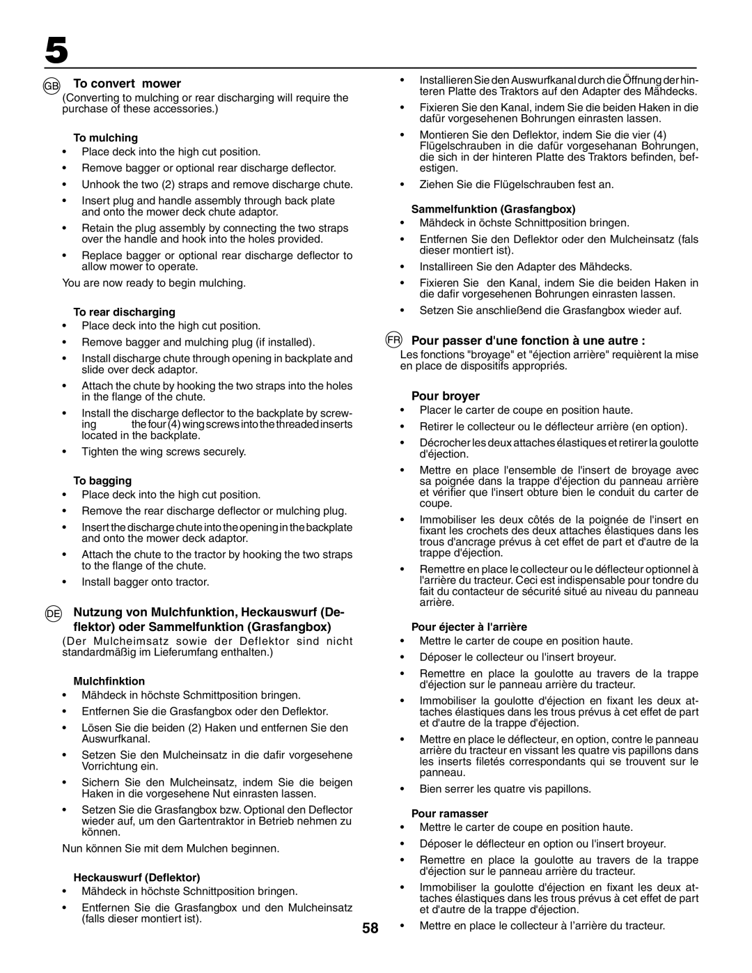 Jonsered LT2119CMA, LT2117CMA instruction manual To convert mower, Pour passer dune fonction à une autre, Pour broyer 