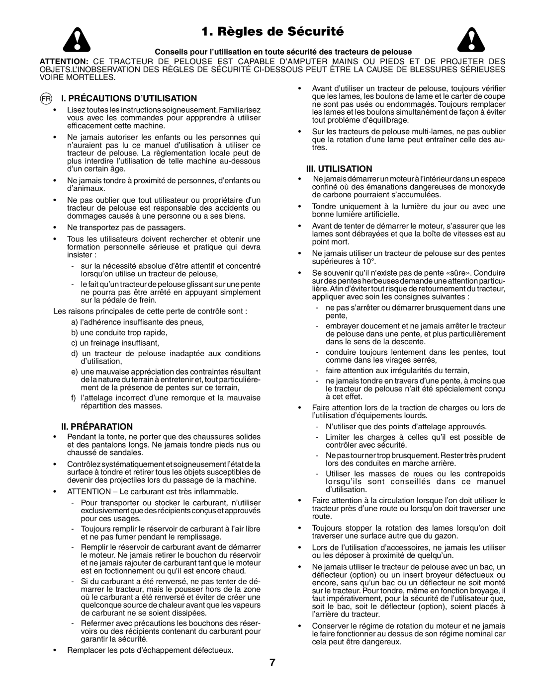 Jonsered LT2117CMA, LT2119CMA Règles de Sécurité, Précautions D’UTILISATION, II. Préparation, III. Utilisation 