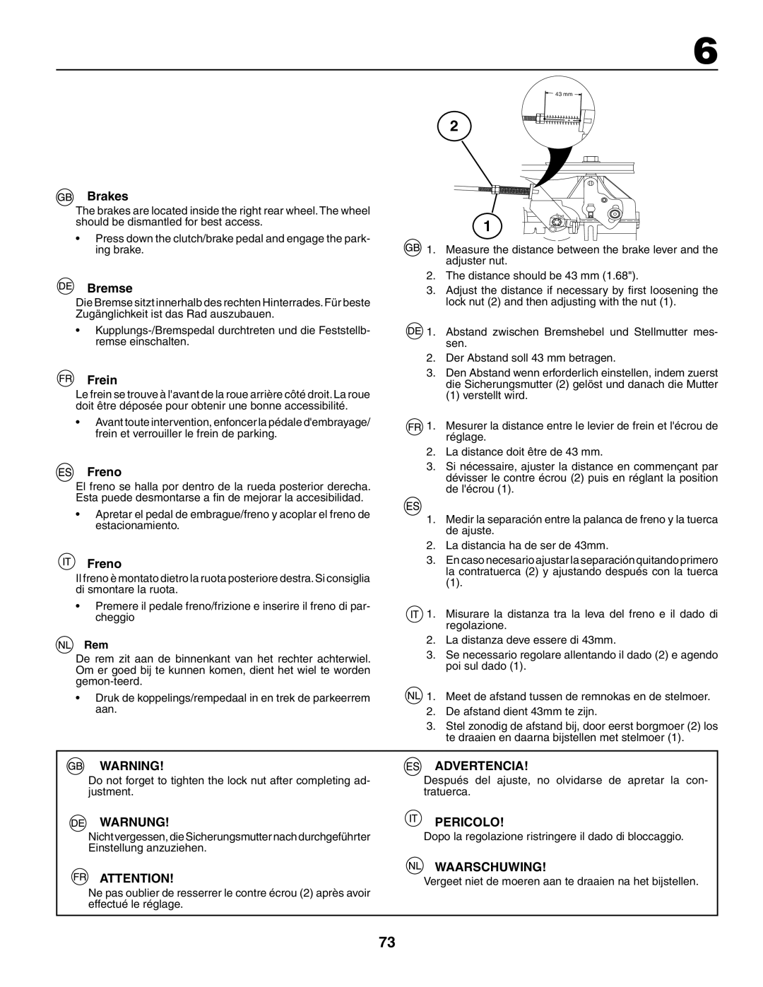 Jonsered LT2117CMA, LT2119CMA instruction manual Brakes, Bremse, Frein, Freno, Rem 