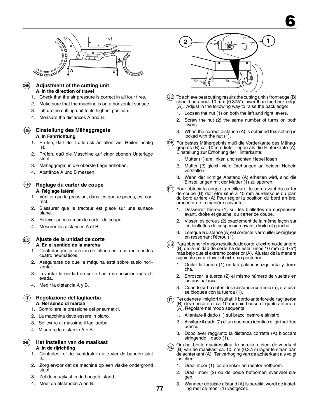 Jonsered LT2117CMA, LT2119CMA Adjustment of the cutting unit, Einstellung des Mähaggregats, Réglage du carter de coupe 