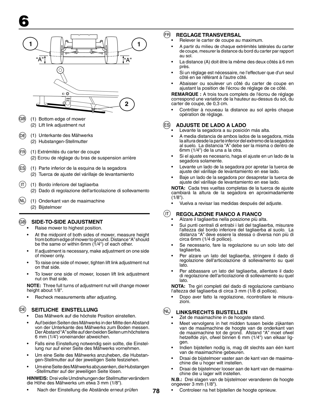 Jonsered LT2119CMA SIDE-TO-SIDE Adjustment, Reglage Transversal, Adjuste DE Lado a Lado, Regolazione Fianco a Fianco 