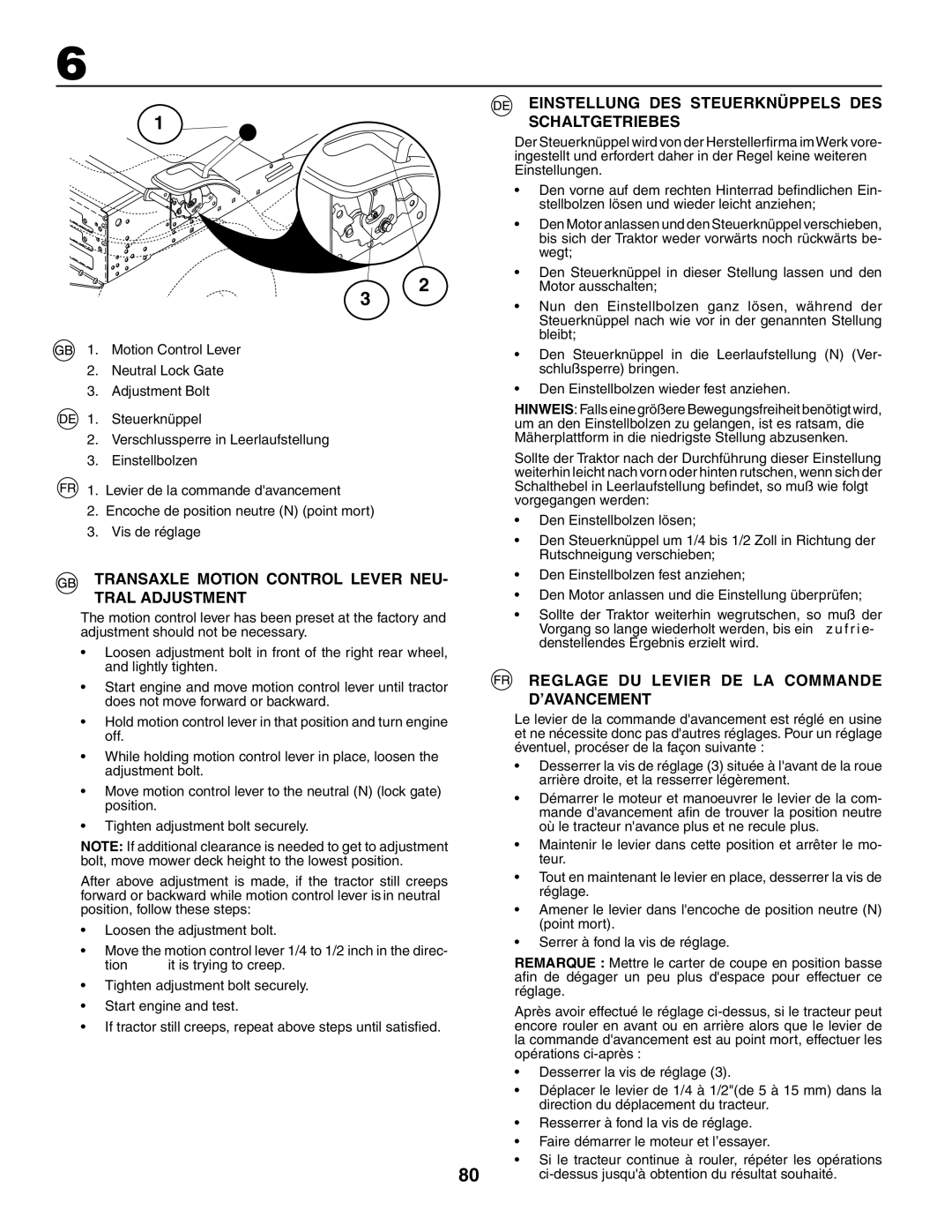 Jonsered LT2119CMA Transaxle Motion Control Lever NEU- Tral Adjustment, Einstellung DES Steuerknüppels DES Schaltgetriebes 