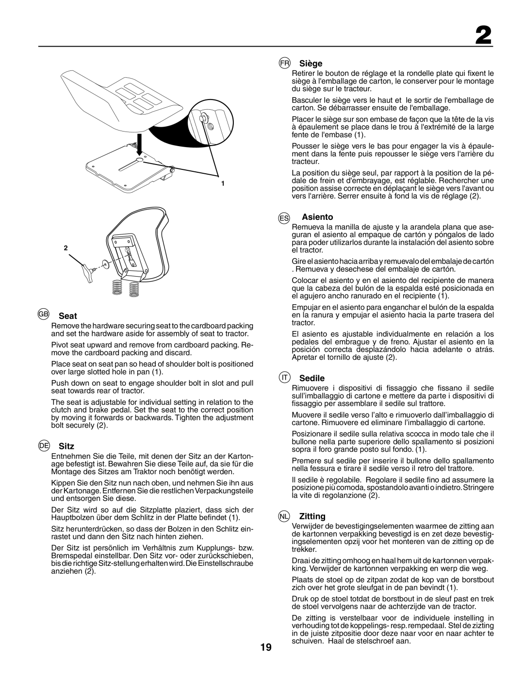 Jonsered LT2117CMA, LT2119CMA instruction manual Siège, Seat, Sitz, Asiento, Sedile, Zitting 