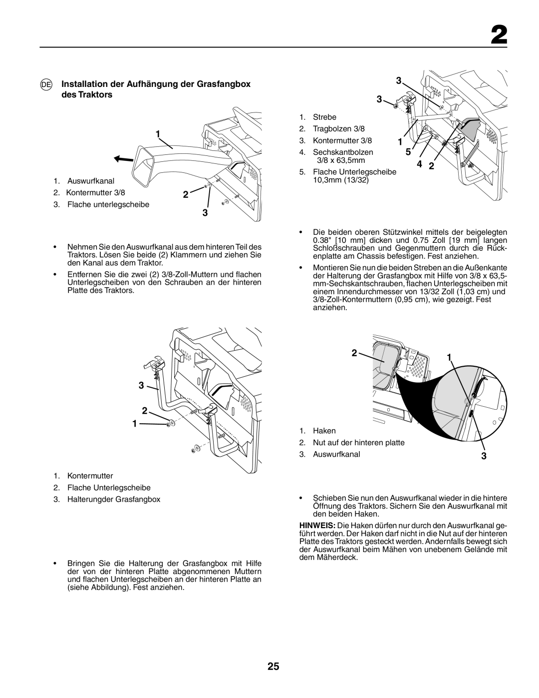 Jonsered LT2117CMA, LT2119CMA instruction manual Installation der Aufhängung der Grasfangbox des Traktors 