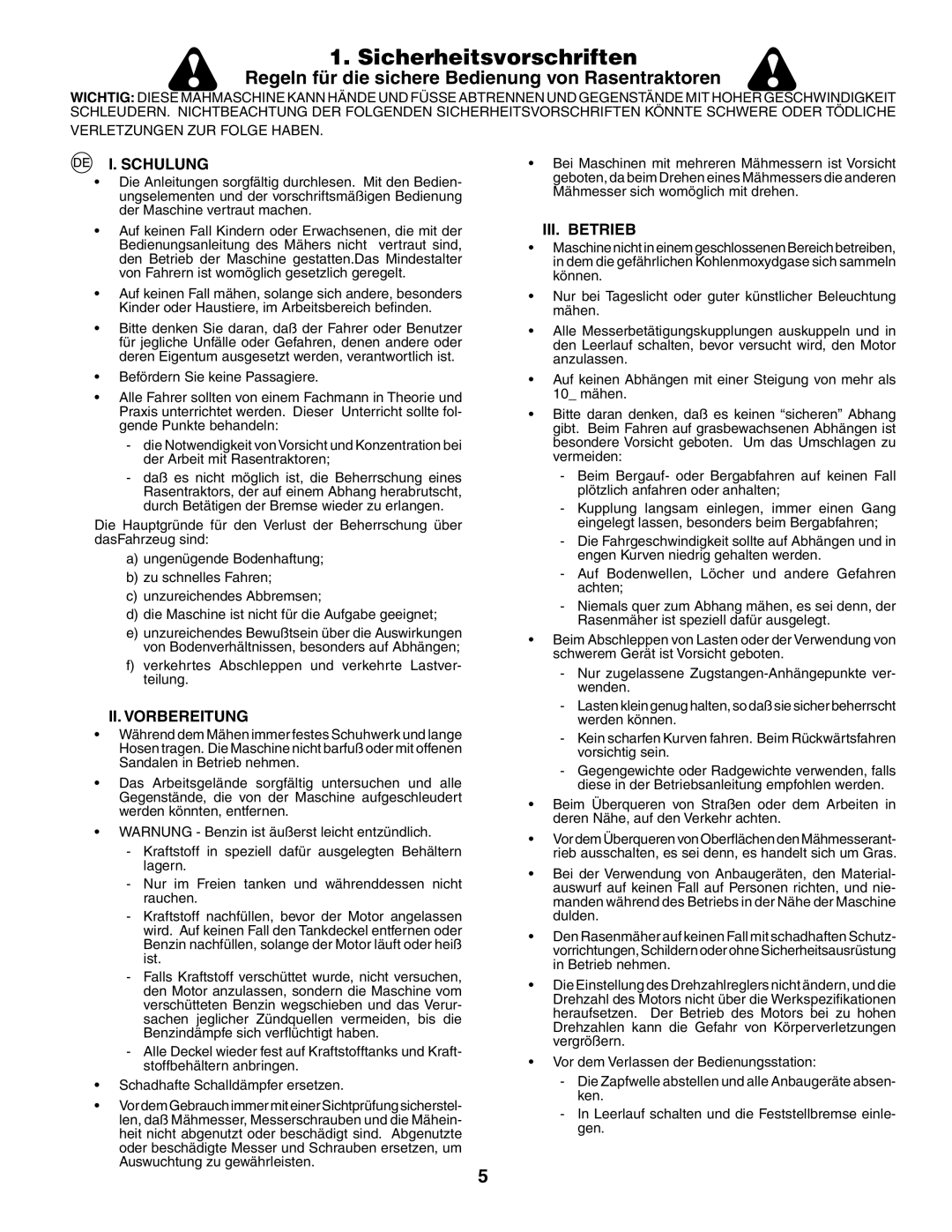 Jonsered LT2117CMA Sicherheitsvorschriften, Regeln für die sichere Bedienung von Rasentraktoren, I. Schulung, Iii. Betrieb 