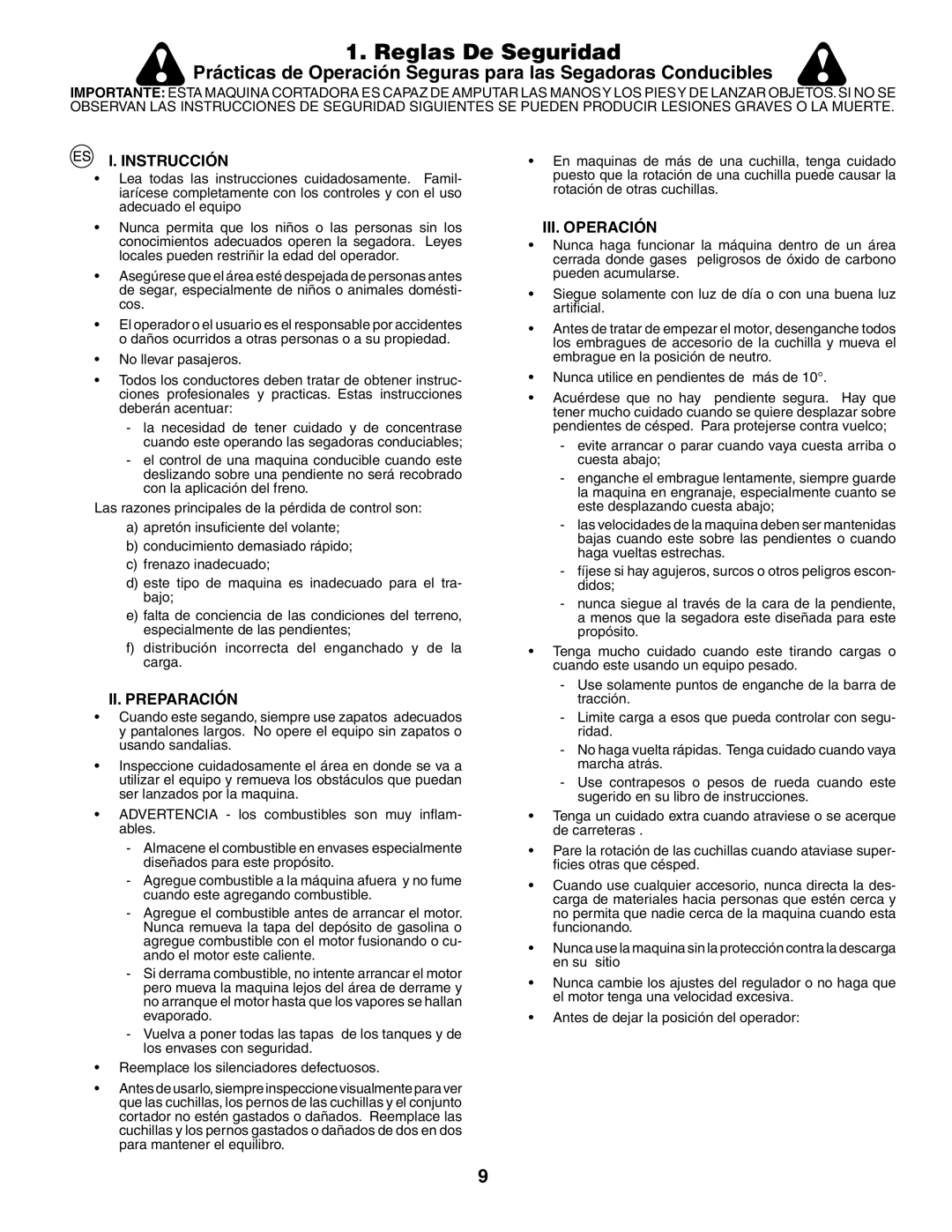 Jonsered LT2117CMA Reglas De Seguridad, Prácticas de Operación Seguras para las Segadoras Conducibles, I. Instrucción 