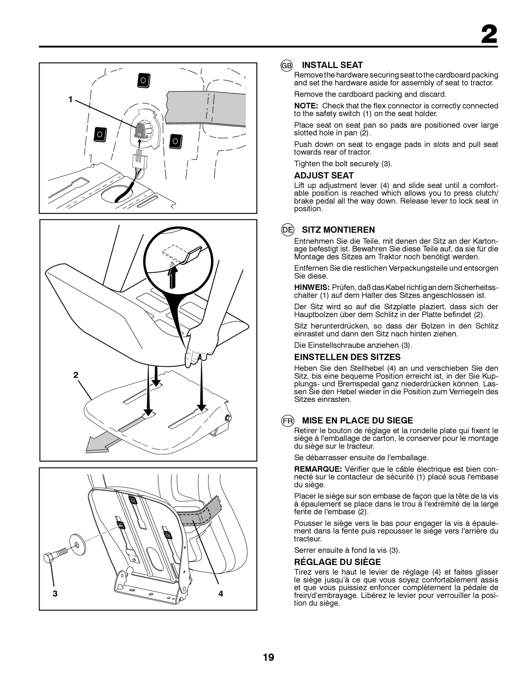 Jonsered LT2213A Install Seat, Adjust Seat, Sitz Montieren, Einstellen DES Sitzes, Mise EN Place DU Siege 