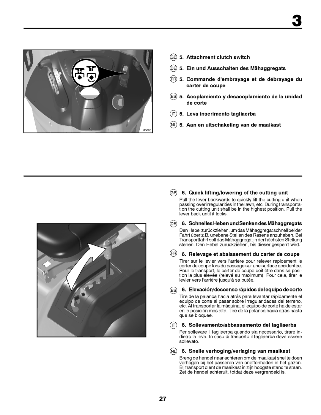 Jonsered LT2213A instruction manual SchnellesHebenundSenkendesMähaggregats, Relevage et abaissement du carter de coupe 