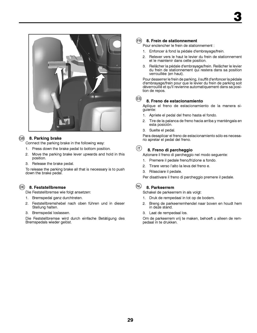 Jonsered LT2213A Parking brake, Feststellbremse, Frein de stationnement, Freno de estacionamiento, Freno di parcheggio 