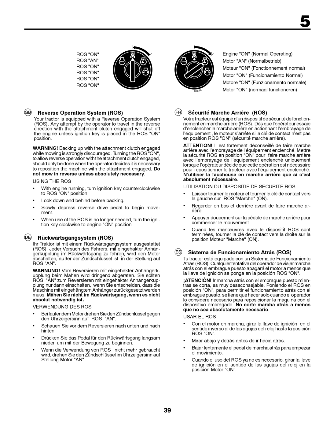 Jonsered LT2213A instruction manual Reverse Operation System ROS, Rückwärtsgangsystem ROS, Sécurité Marche Arrière ROS 