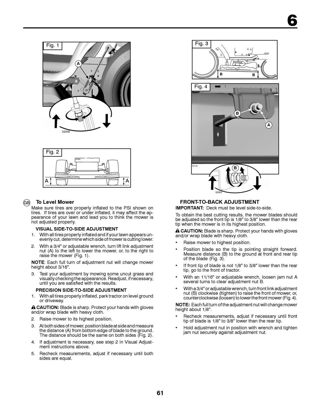 Jonsered LT2213A instruction manual To Level Mower, FRONT-TO-BACK Adjustment, Visual SIDE-TO-SIDE Adjustment 