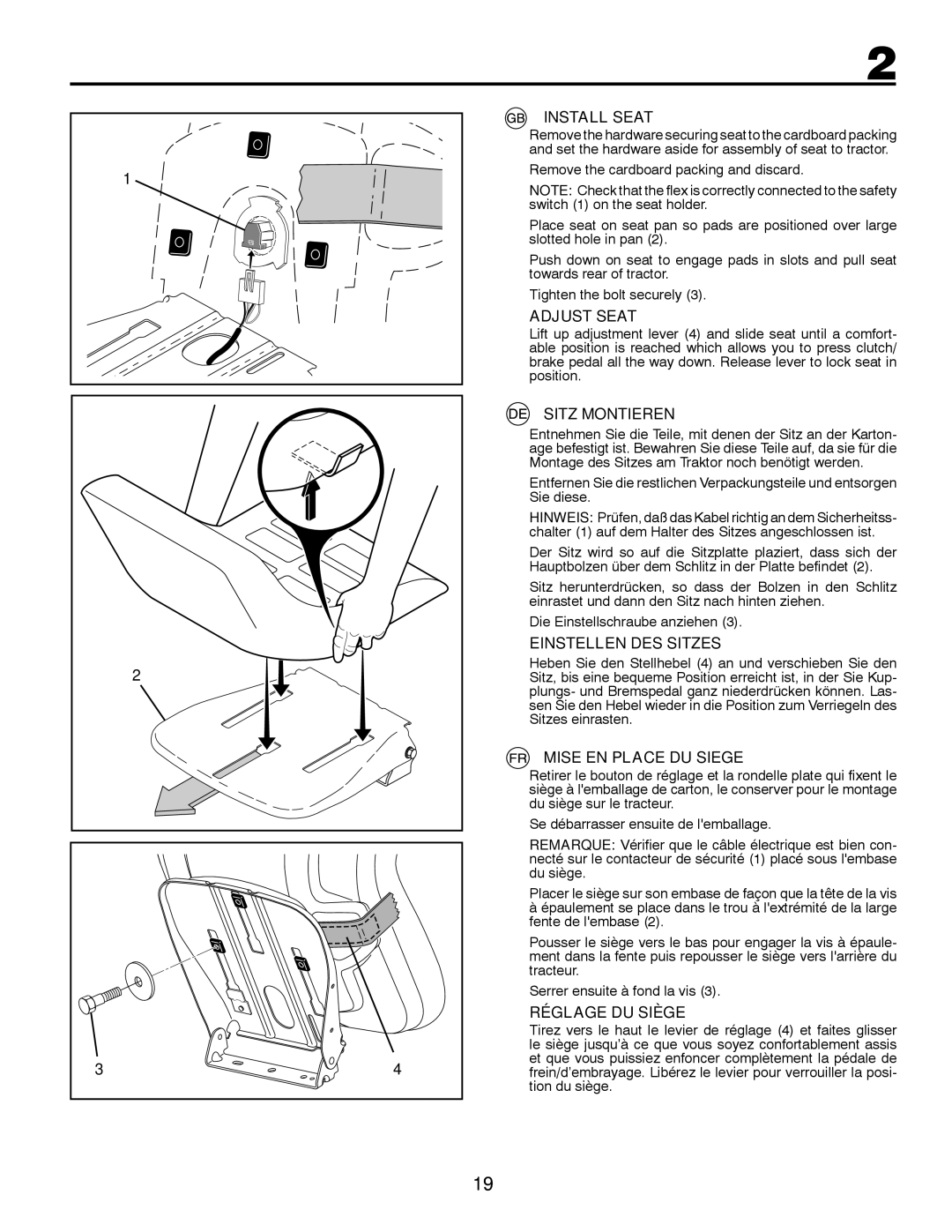 Jonsered LT2213C Install Seat, Adjust Seat, Sitz Montieren, Einstellen DES Sitzes, Mise EN Place DU Siege 