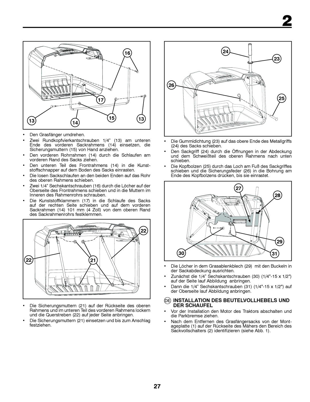 Jonsered LT2213C instruction manual Installation DES Beutelvollhebels UND, DER Schaufel, Den Grasfänger umdrehen 