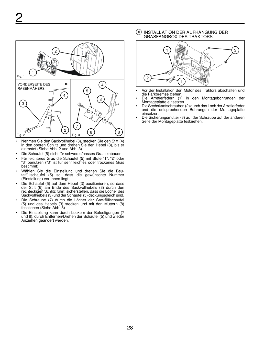 Jonsered LT2213C instruction manual Installation DER Aufhängung DER, Grasfangbox DES Traktors 