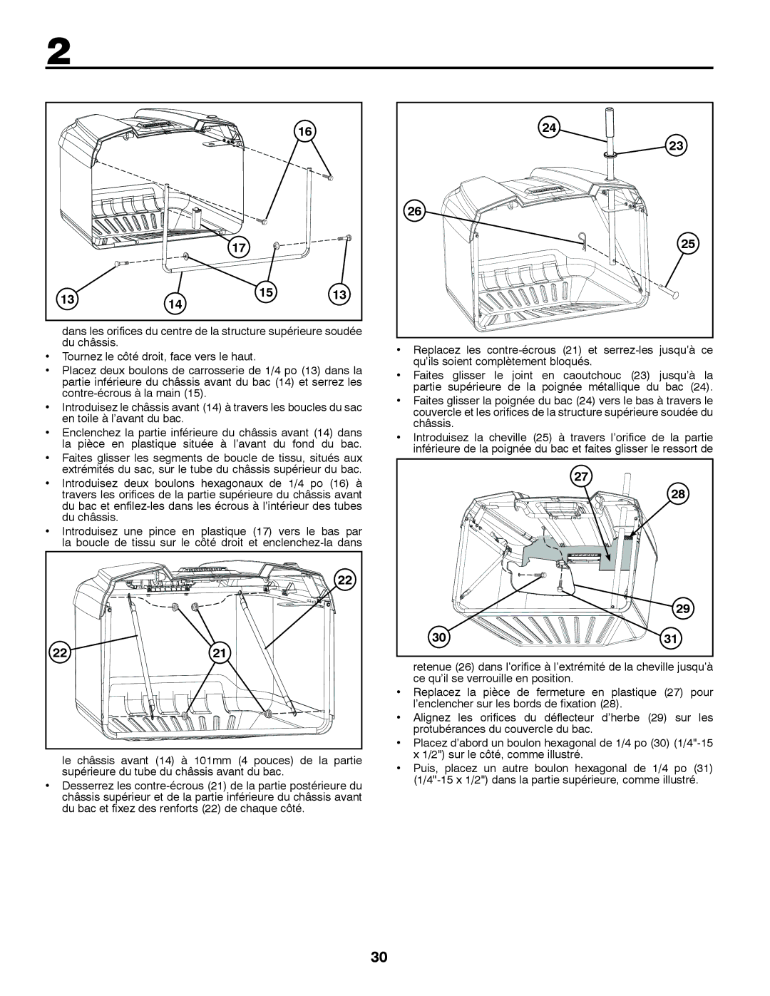 Jonsered LT2213C instruction manual En caoutchouc, Partie inférieure du châssis avant du bac 14 et serrez les 