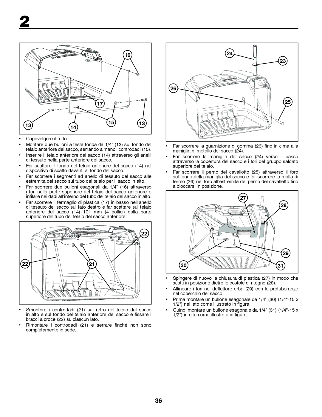 Jonsered LT2213C instruction manual Estremità del sacco sul tubo del telaio per il sacco in alto 