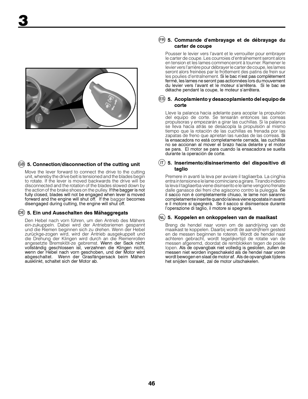 Jonsered LT2213C instruction manual Connection/disconnection of the cutting unit, Ein und Ausschalten des Mähaggregats 