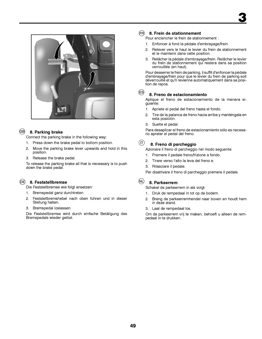 Jonsered LT2213C Parking brake, Feststellbremse, Frein de stationnement, Freno de estacionamiento, Freno di parcheggio 