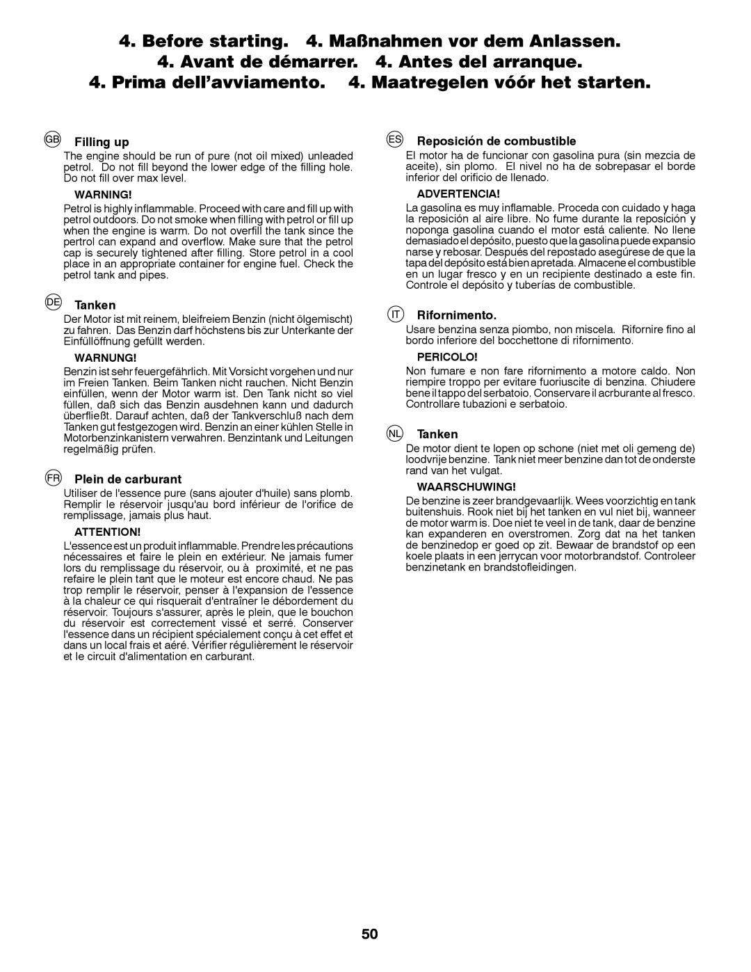 Jonsered LT2213C instruction manual Filling up, Reposición de combustible, Tanken, Plein de carburant, Rifornimento 