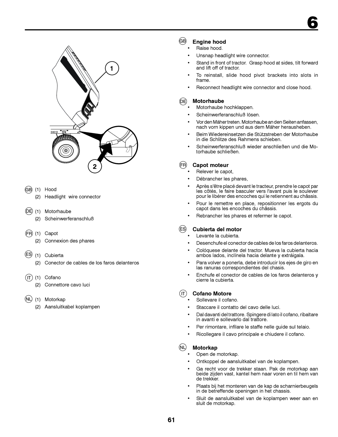 Jonsered LT2213C instruction manual Engine hood, Motorhaube, Capot moteur, Cubierta del motor, Cofano Motore, Motorkap 