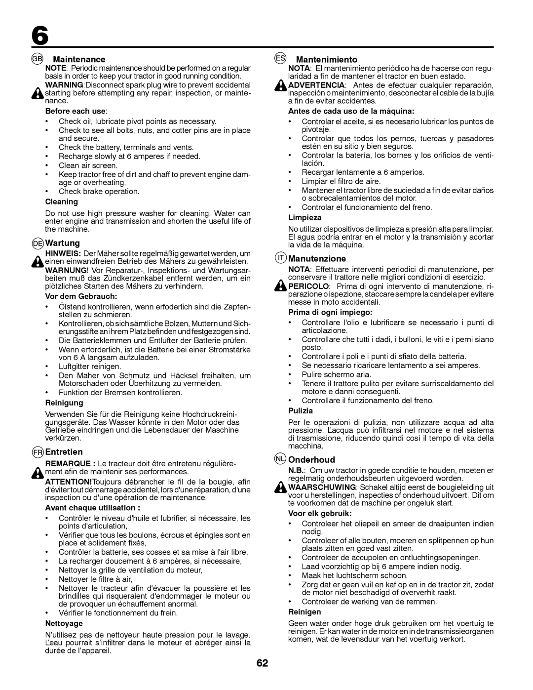 Jonsered LT2213C instruction manual Maintenance, Wartung, Entretien, Mantenimiento, Manutenzione, Onderhoud 