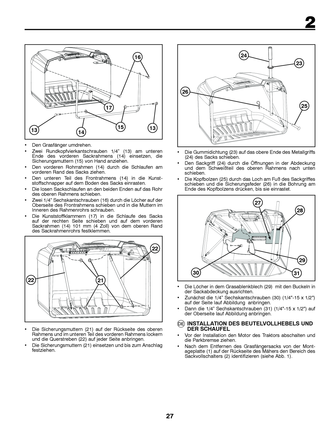 Jonsered LT2213C instruction manual Installation Des Beutelvollhebels Und, Der Schaufel 