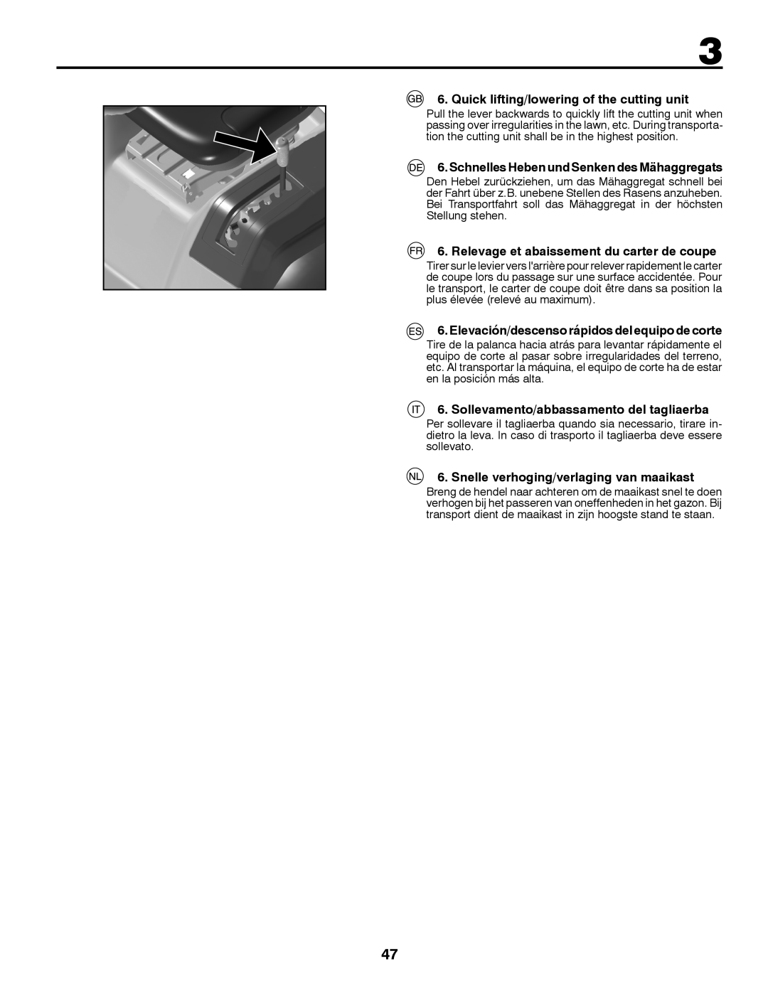 Jonsered LT2213C instruction manual Quick lifting/lowering of the cutting unit, Schnelles Heben und Senken des Mähaggregats 