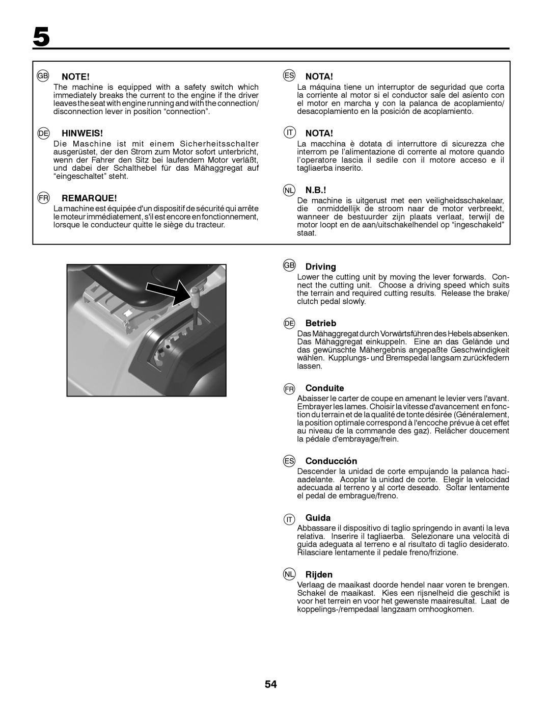 Jonsered LT2213C instruction manual Hinweis, Remarque, Nota, Driving, Betrieb, Conduite, Conducción, Guida, Rijden 