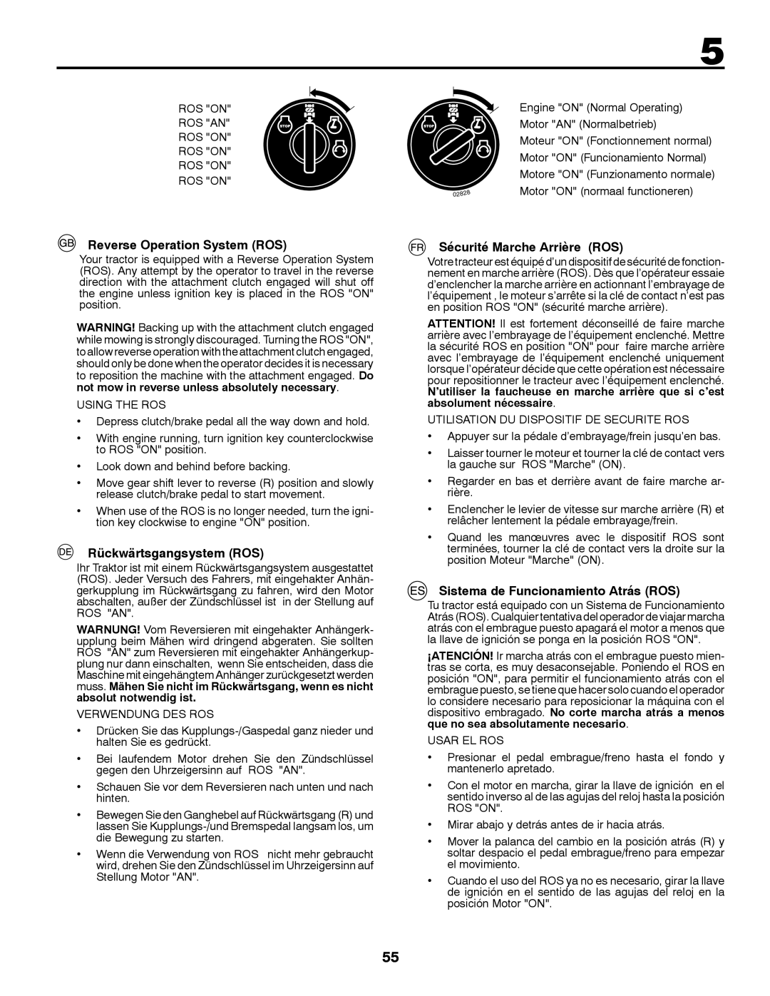 Jonsered LT2213C instruction manual Reverse Operation System ROS, Rückwärtsgangsystem ROS, Sécurité Marche Arrière ROS 