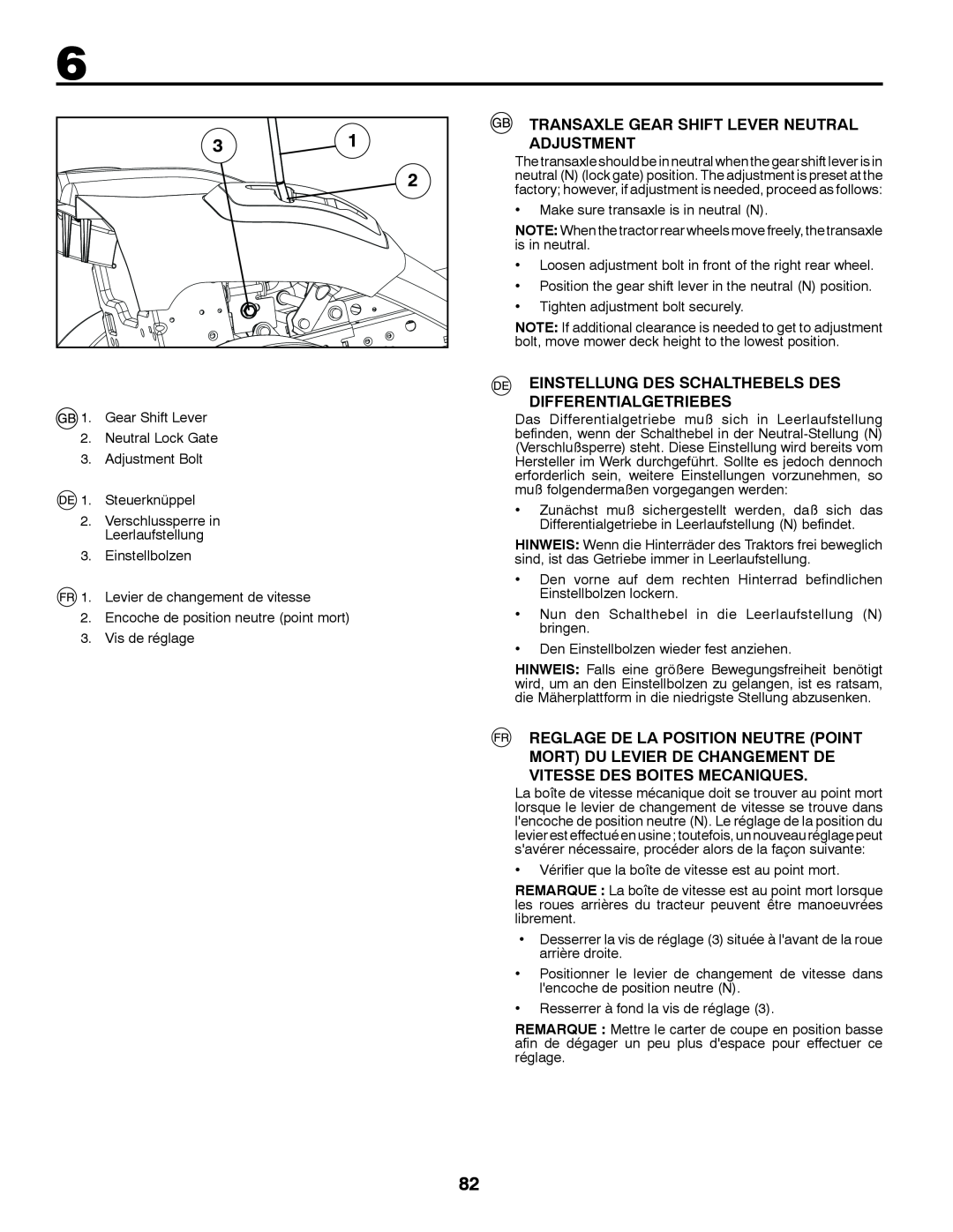 Jonsered LT2213C instruction manual Transaxle Gear Shift Lever Neutral, Adjustment 