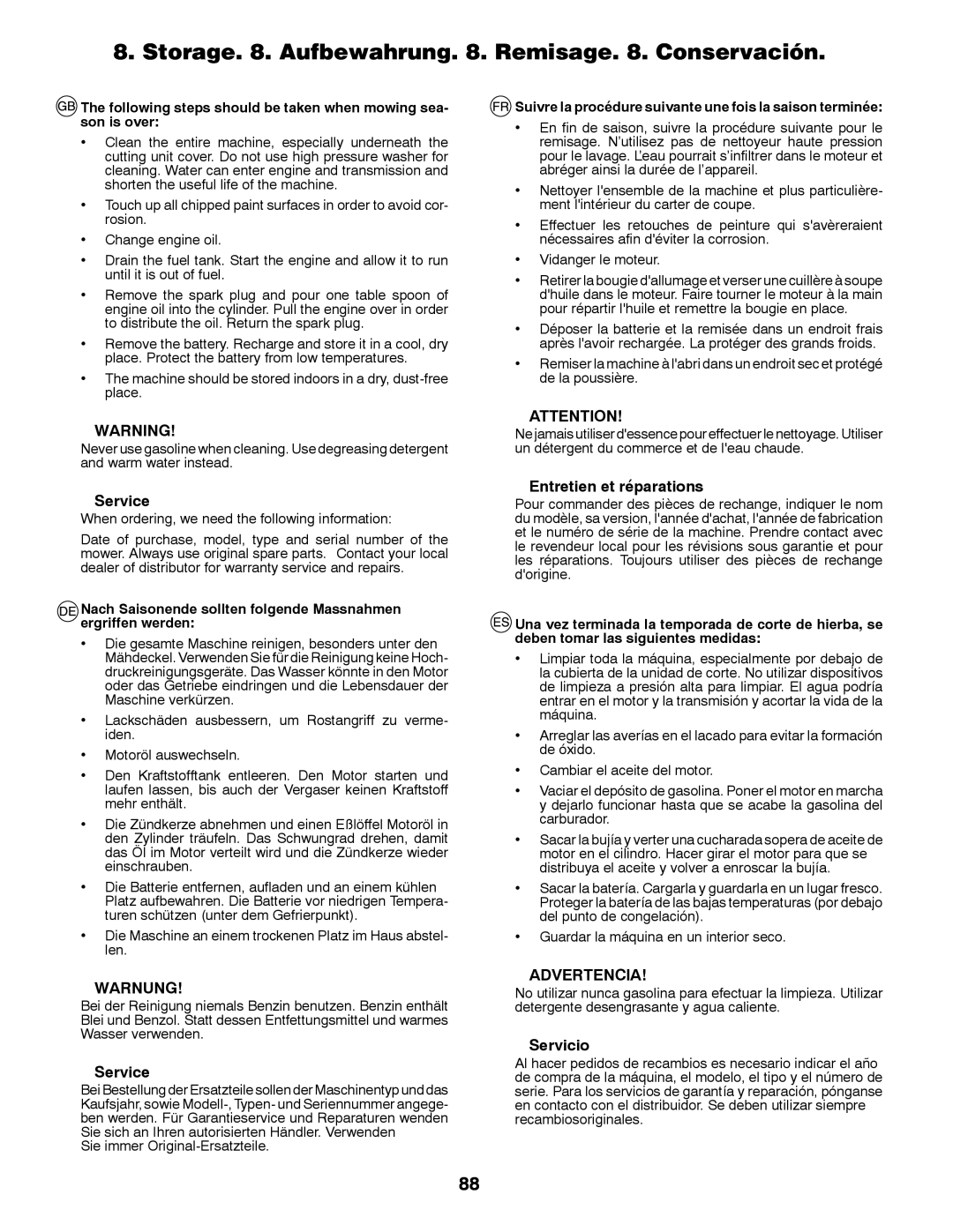 Jonsered LT2213C instruction manual Service, Entretien et réparations, Warnung, Advertencia, Servicio 