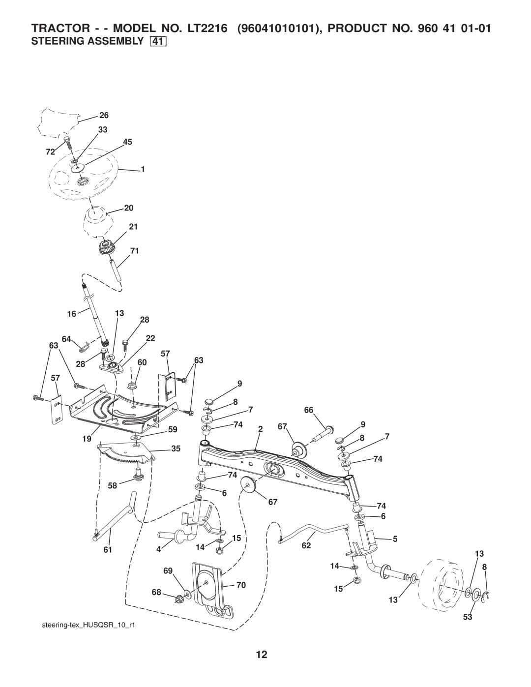 Jonsered LT2216 manual Steering Assembly, 74 2 