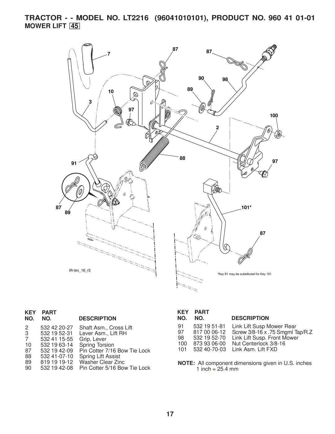 Jonsered LT2216 manual Mower Lift, 532 19 51-81 Link Lift Susp Mower Rear 