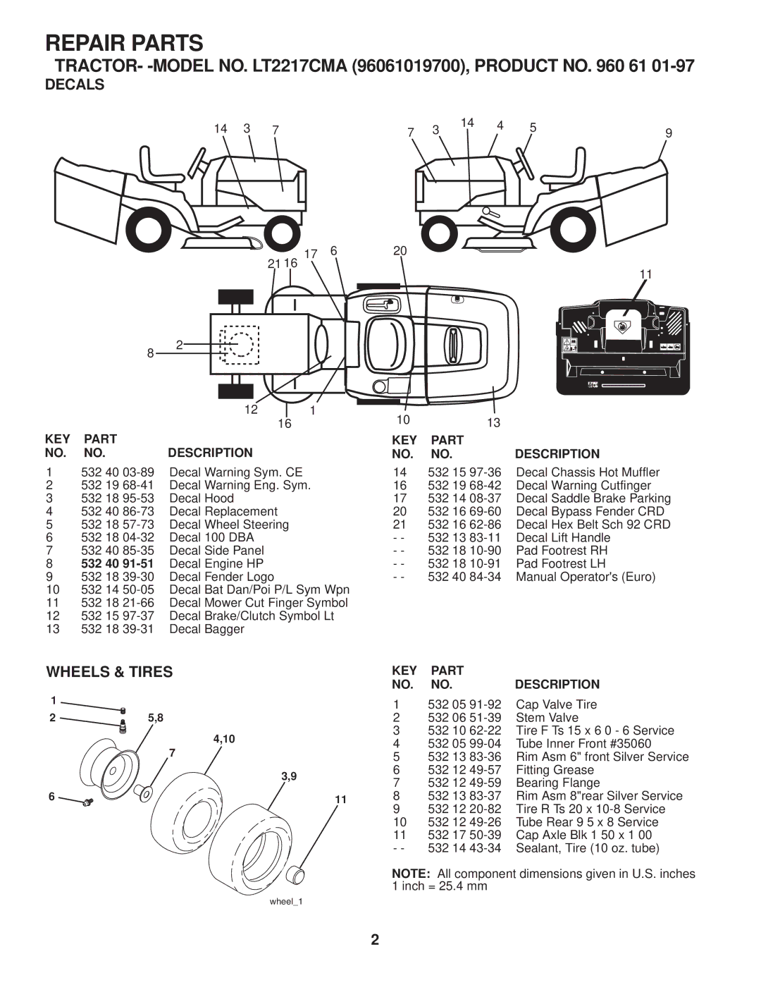 Jonsered LT2217CMA manual Decals, Wheels & Tires 